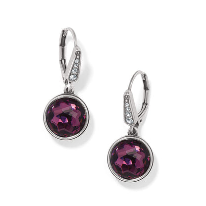 Brighton drop earrings with round purple crystals and silver-plated lever backs accented with crystals on a white background