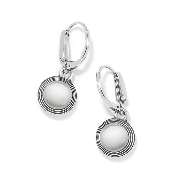 Brighton drop earrings with round crystal stones in silver-plated ridged frames and leverback hooks on a white background