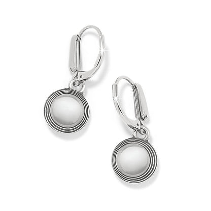 Brighton drop earrings with round crystal stones in silver-plated ridged frames and leverback hooks on a white background