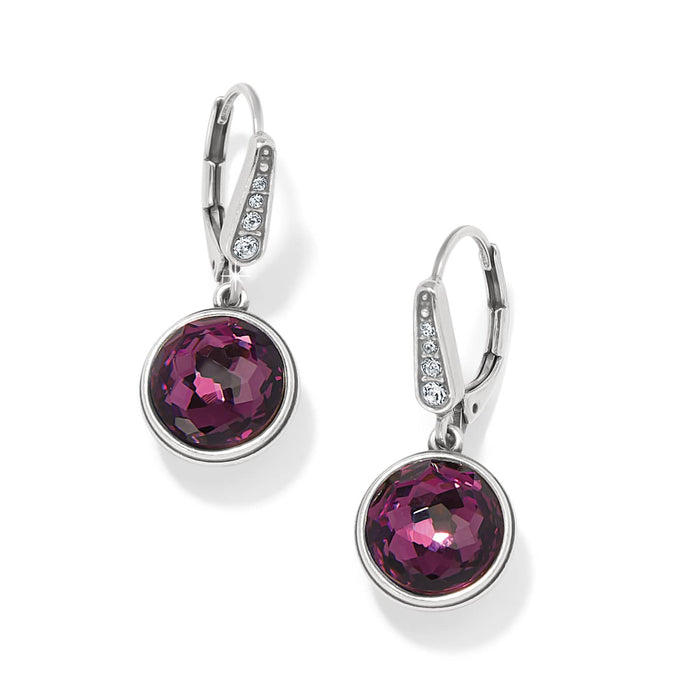 Brighton drop earrings with round purple crystals and silver-plated leverbacks accented with small crystals on a white background