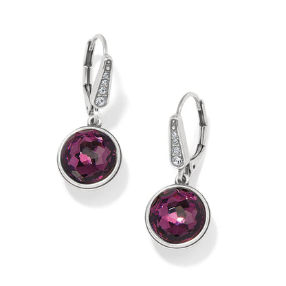 Brighton drop earrings with round purple crystals and silver-plated leverbacks accented with small crystals on a white background