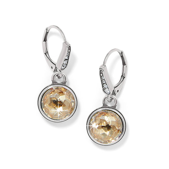 Brighton drop earrings with round champagne crystals, silver-plated bezels, and crystal-accented leverbacks on a white background