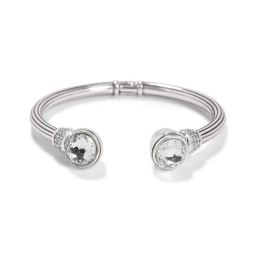 Brighton silver-plated cuff bracelet with two large faceted crystal end caps and pavé crystal accents on a white background