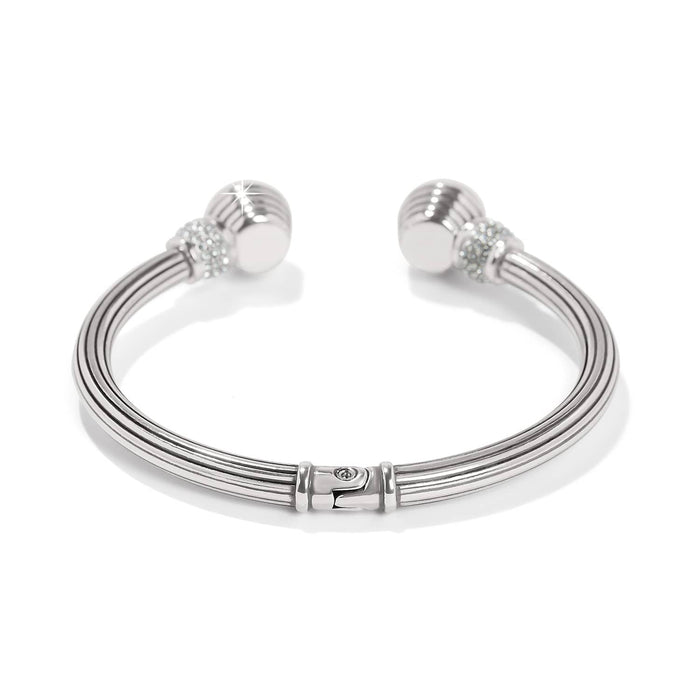 Brighton hinged cuff bracelet with silver-plated ribbed band and crystal accented ball ends on a white background