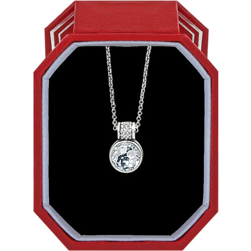 Brighton pendant necklace with round crystal and silver-plated chain displayed in a red gift box on a white background