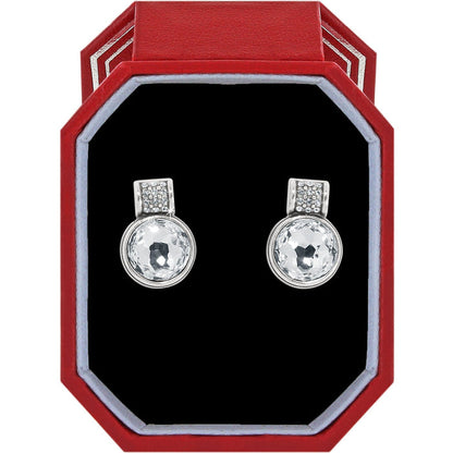 Brighton stud earrings with round crystal stones and silver-plated pavé accents in a red gift box
