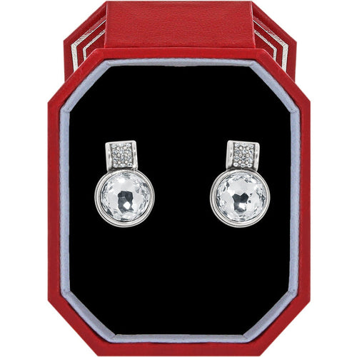 Brighton stud earrings with round crystal stones and silver-plated pavé accents in a red gift box