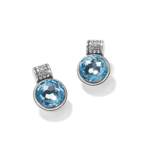 Brighton stud earrings with round blue crystals and silver-plated pavé crystal accents on a white background