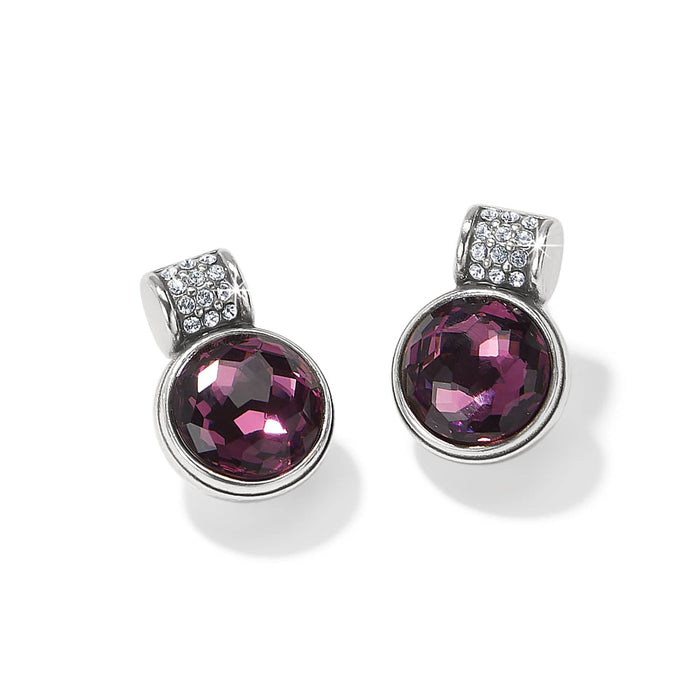 Brighton stud earrings with round purple crystals and silver-plated pave crystal accents on a white background