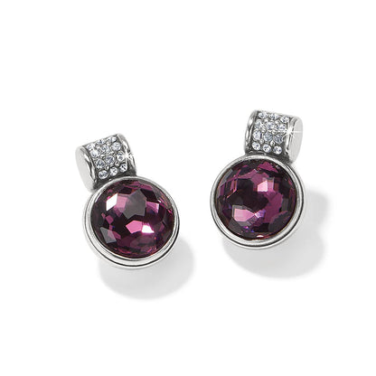 Brighton stud earrings with round purple crystals and silver-plated pave crystal accents on a white background