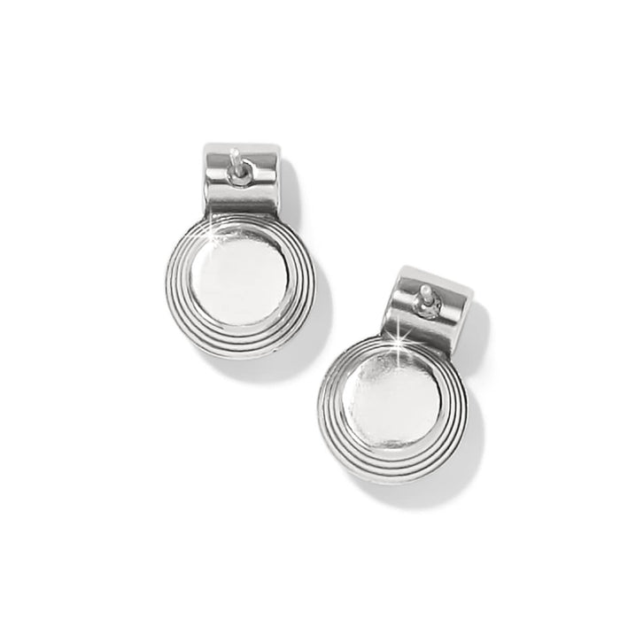Brighton drop earrings with silver-plated circular discs and ribbed concentric ring detailing on a white background