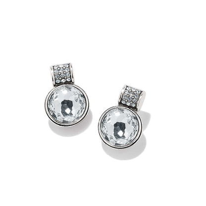 Brighton drop earrings with round faceted crystals and silver-plated pavé crystal accents on a white background