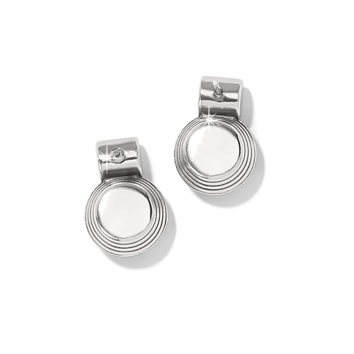 Brighton drop earrings with silver-plated circular pendants and concentric ridged detailing on a white background
