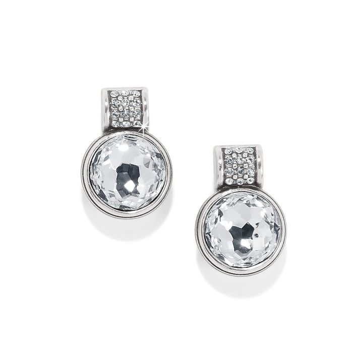 Brighton stud earrings with large round crystals and silver-plated pavé crystal accents on a white background