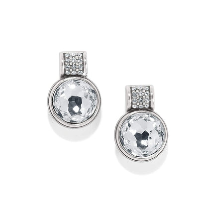 Brighton stud earrings with large round crystals and silver-plated pavé crystal accents on a white background