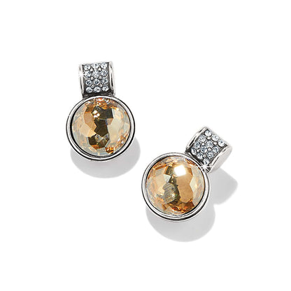 Brighton stud earrings with round champagne crystals and silver-plated pave crystal accents on a white background
