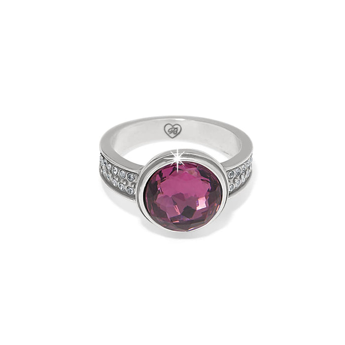 Brighton silver-plated ring with large pink faceted crystal and pavé crystal band accents on a white background