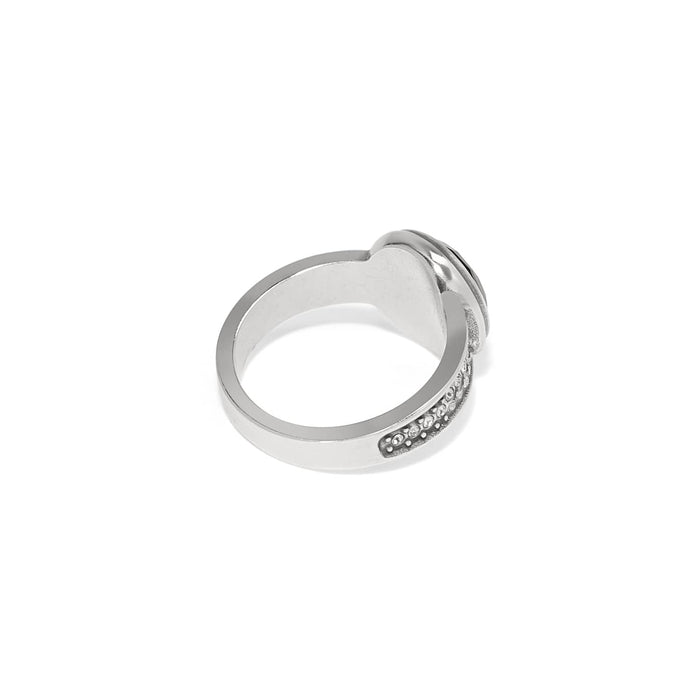 Brighton ring shown from the back with silver-plated band and crystal-accented sides on a white background
