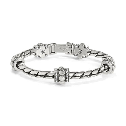Brighton bracelet with silver-plated twisted rope band, crystal-accented station beads, and hinged clasp on a white background