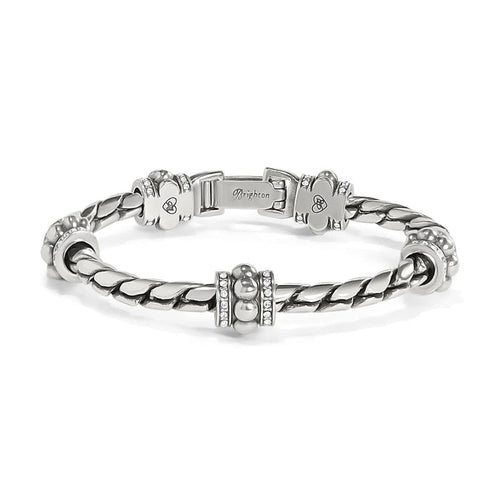 Brighton bracelet with silver-plated twisted rope band, crystal-accented station beads, and hinged clasp on a white background
