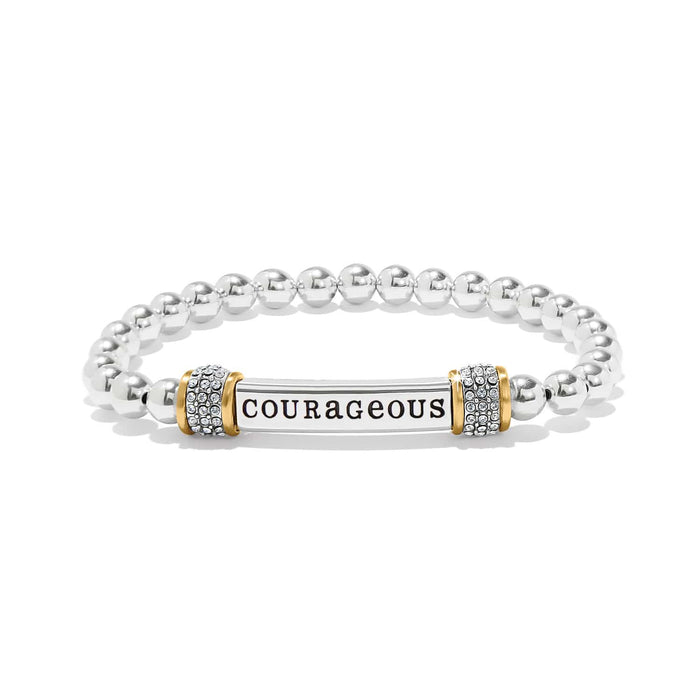 Brighton beaded bracelet with silver-tone beads, two-tone crystal accents, and courageous engraved bar on a white background
