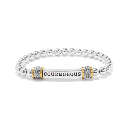 Brighton beaded bracelet with silver-tone beads, two-tone crystal accents, and courageous engraved bar on a white background