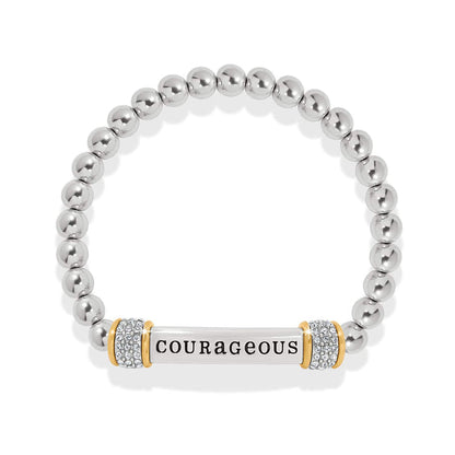 Brighton beaded stretch bracelet with silver-tone beads, two-tone Courageous bar, and crystal accents on a white background