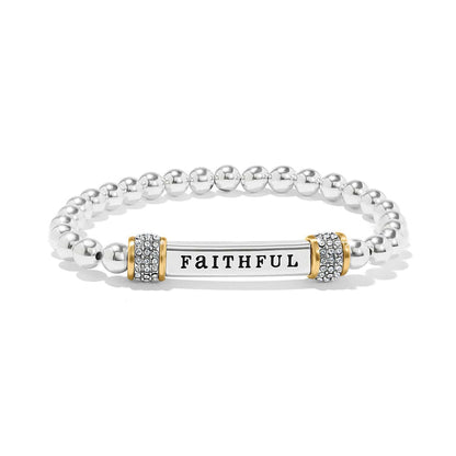 Brighton beaded stretch bracelet with two-tone Faithful bar and crystal accents on a white background