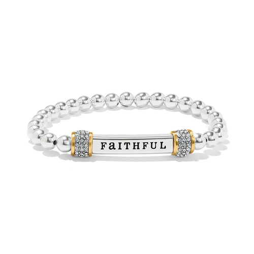 Brighton beaded stretch bracelet with two-tone Faithful bar and crystal accents on a white background