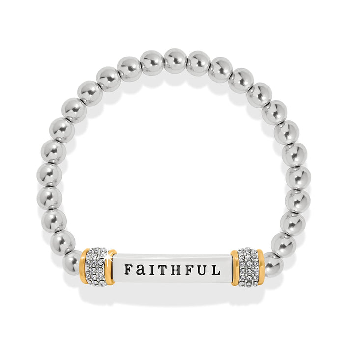 Brighton beaded stretch bracelet with silver-tone beads, two-tone crystal accents, and Faithful bar on a white background