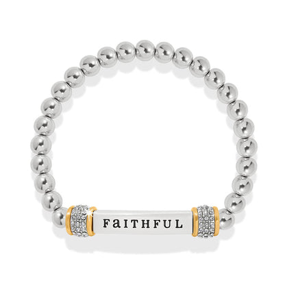 Brighton beaded stretch bracelet with silver-tone beads, two-tone crystal accents, and Faithful bar on a white background