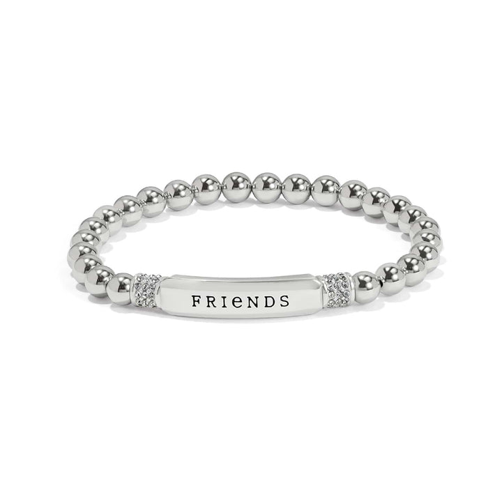 Brighton silver-plated beaded bracelet with FRIENDS engraved bar and crystal accents on a white background