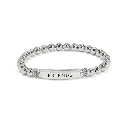 Brighton silver-plated beaded bracelet with FRIENDS engraved bar and crystal accents on a white background