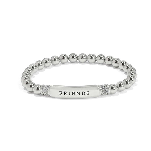 Brighton silver-plated beaded bracelet with FRIENDS engraved bar and crystal accents on a white background