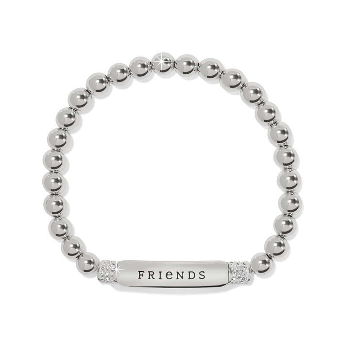 Brighton beaded bracelet with silver-plated beads and FRIENDS engraved bar accented with crystals on a white background