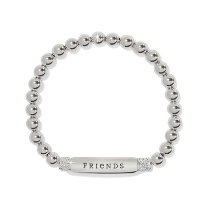 Brighton beaded bracelet with silver-plated beads and FRIENDS engraved bar accented with crystals on a white background