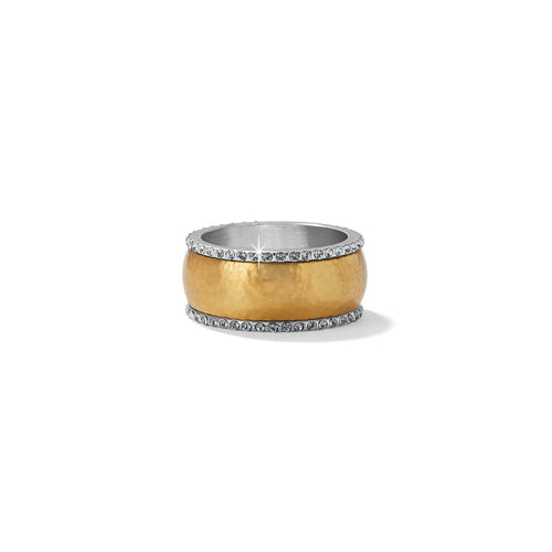 Brighton ring with gold-plated hammered band and silver-tone crystal-lined edges on a white background