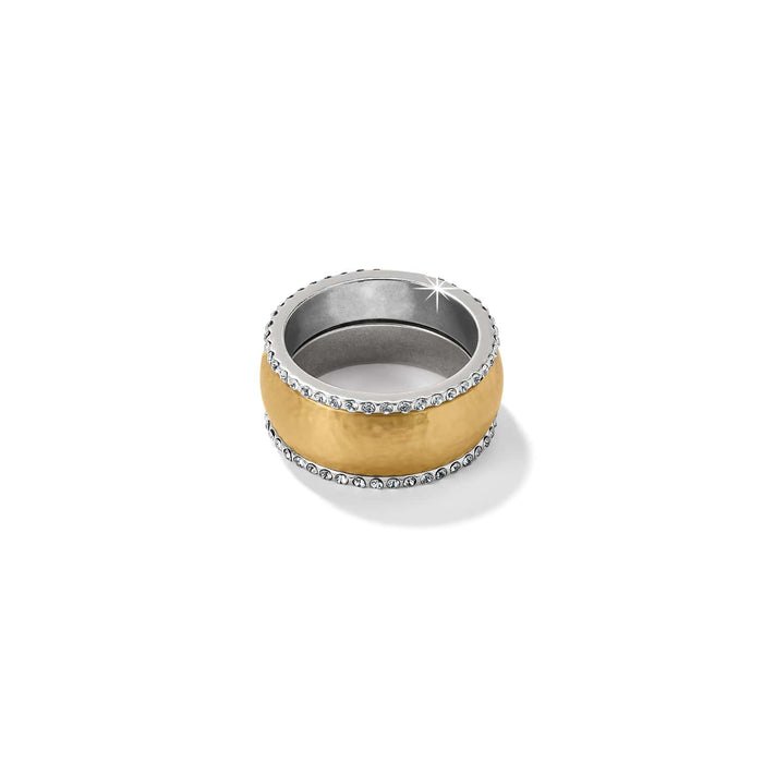 Brighton band ring with gold-plated center and crystal-lined silver-tone edges on a white background