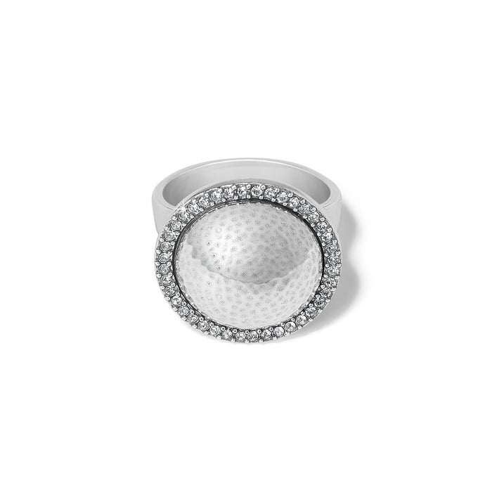 Brighton silver-plated ring with domed hammered center and crystal halo surround on a white background