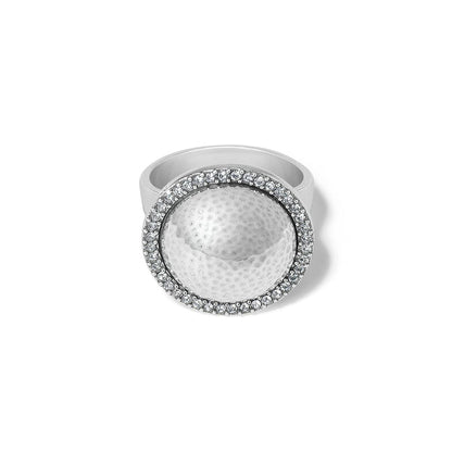 Brighton silver-plated ring with domed hammered center and crystal halo surround on a white background