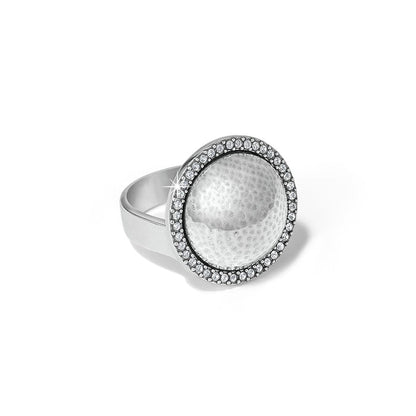Brighton ring with domed silver-plated center surrounded by a crystal halo on a white background