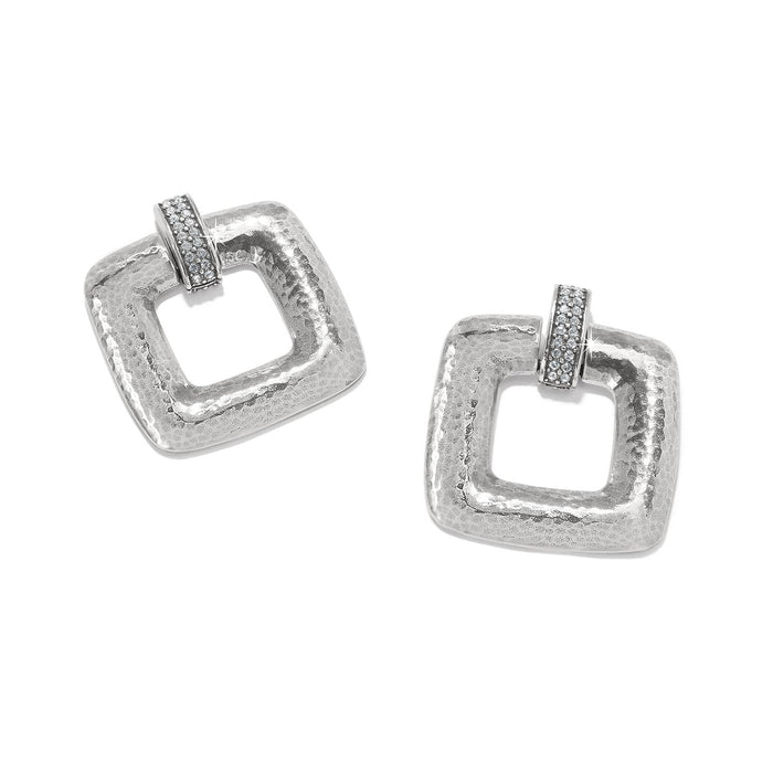 Brighton silver-plated earrings with hammered open square design and crystal-set bar accents on a white background