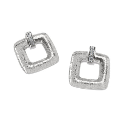 Brighton silver-plated earrings with hammered open square design and crystal-set bar accents on a white background