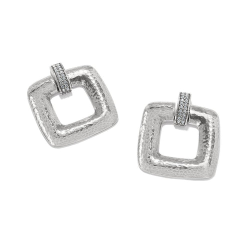 Brighton silver-plated earrings with hammered open square design and crystal-set bar accents on a white background