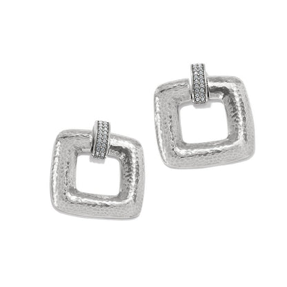Brighton drop earrings with hammered silver-plated square frames and crystal-set bar accents on a white background