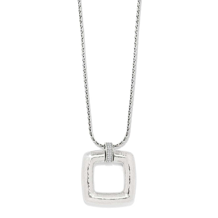 Brighton pendant necklace with hammered silver-plated square pendant and crystal-accented bail on a white background