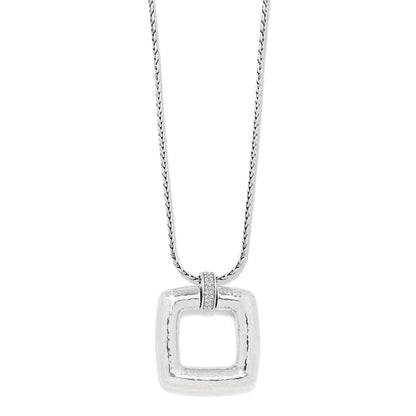Brighton pendant necklace with hammered silver-plated square pendant and crystal-accented bail on a white background