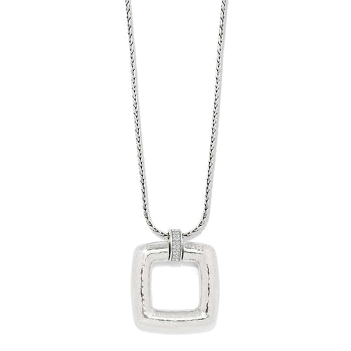 Brighton pendant necklace with hammered silver-plated square pendant and crystal-accented bail on a white background