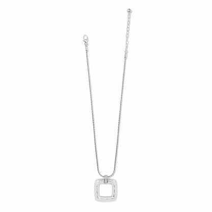 Brighton pendant necklace with silver-plated square pendant and crystal-accented bail on a white background