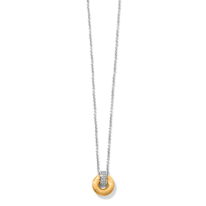 Brighton pendant necklace with gold-plated circular disc, crystal-set bail, and silver-tone chain on a white background